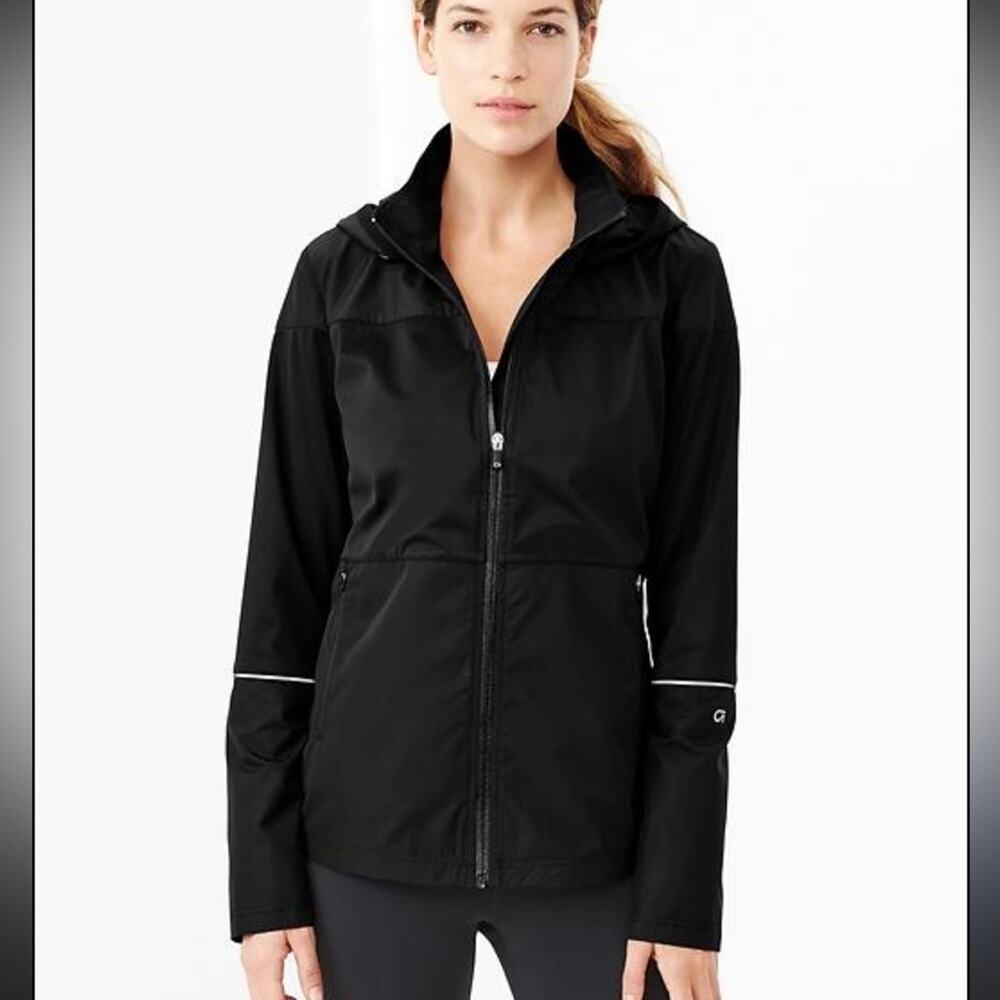 GAP Fit All Weather Running Jacket Hooded Full Zip Black Womens Sz XL EUC!